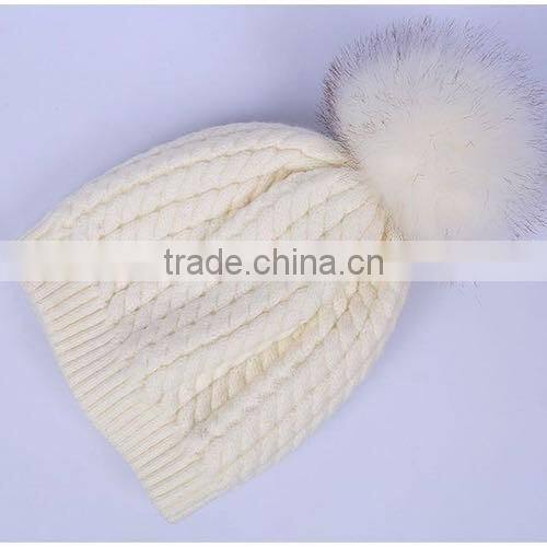 Newest Arrival Winter Warm Crocheted Wool Hat with Fox Fur Pom poms For Fashion Gilrs