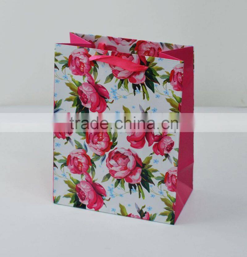 Printed spring flower design paper material gift bag with ribbon handle supplier and manufacture