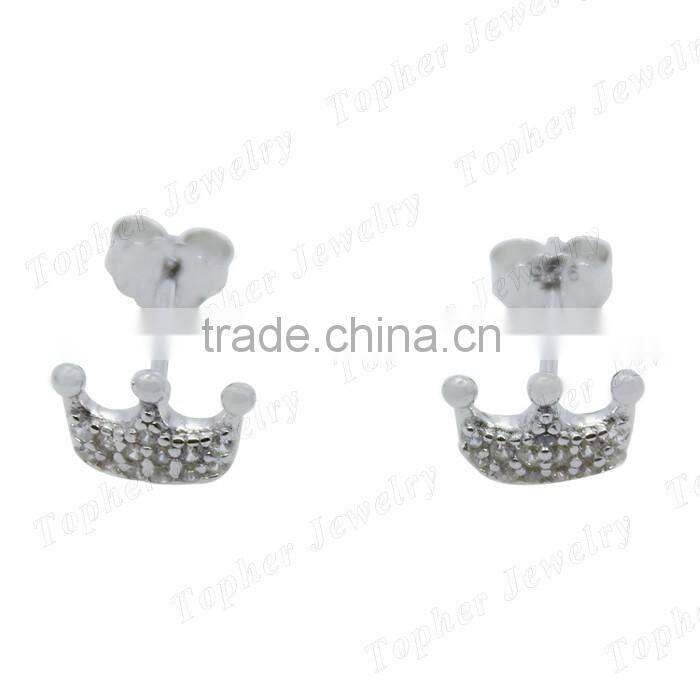 wholesale Micro pave silver crown earrings zircon stone stud earrings
