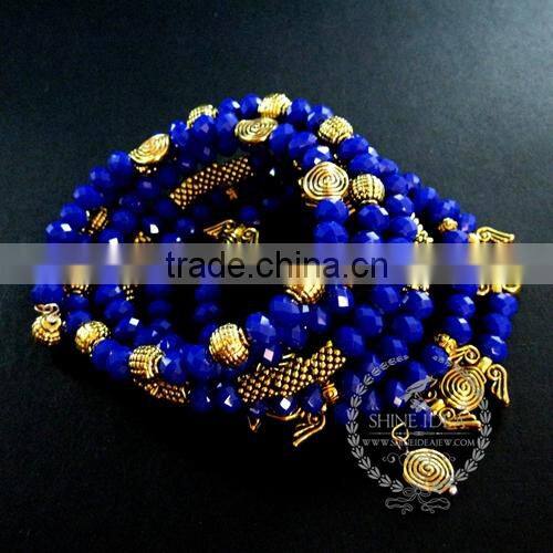 vintage antiqued gold wings deep blue faceted glass beads 6 layers chunky chic fashion wiring bangle bracelet jewelry 6490041