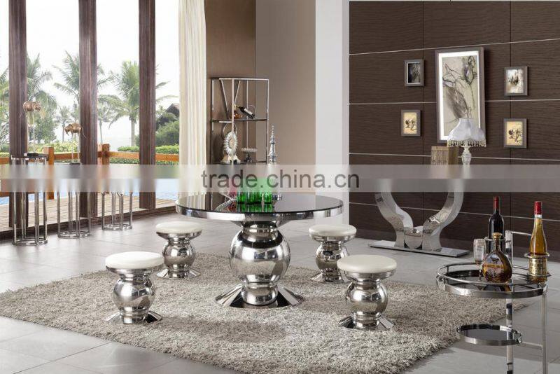 Modern Style Stainless Steel Round Dining Table With Glass Top, Stainless Steel Dining Room Furniture