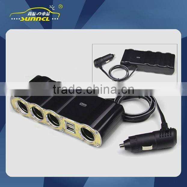 1 USB 3 Holes Female Car Cigarette Lighter Socket with Flexible Plug and LED Working Light