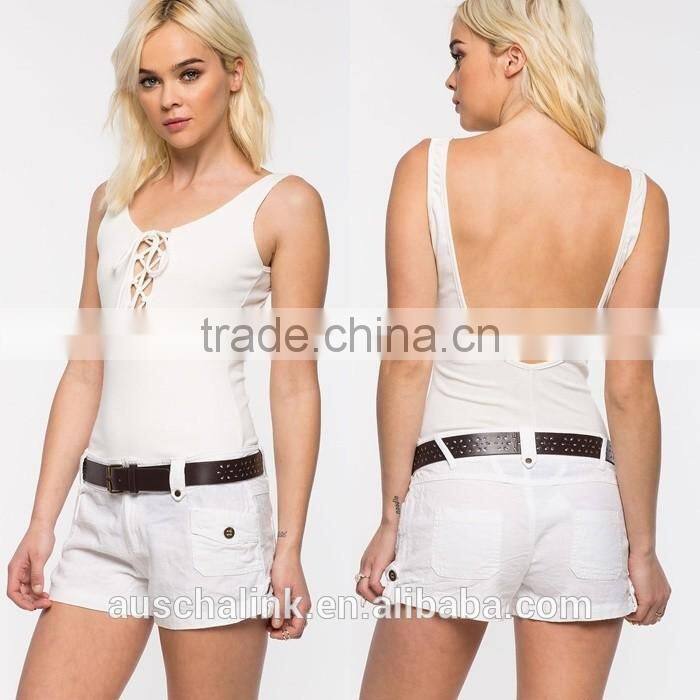 summer nice design women white belted linen shorts wholesale