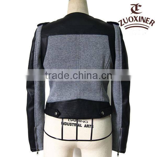 women knit polar fleece jacket with pu jacket factory