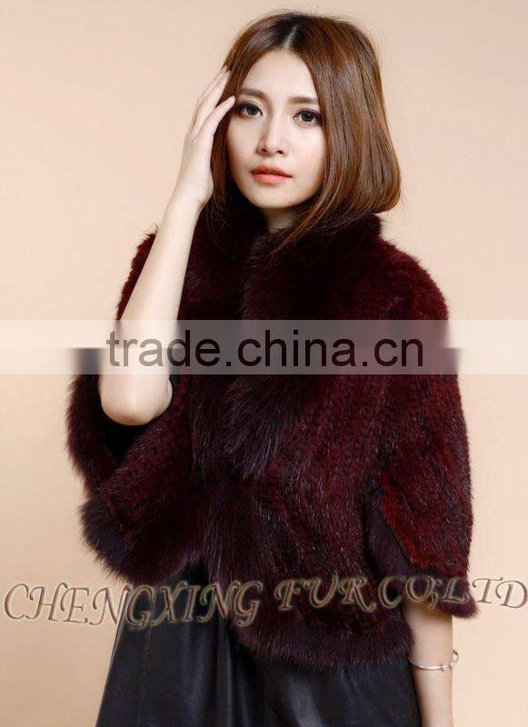 CX-B-M-41C Mink Fur Knitted Ladies Shawl With Fox Fur Trim