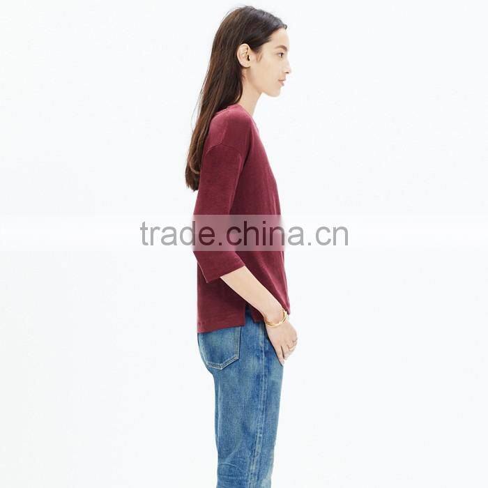 Claret modern linen three quarter sleeve women t shirt
