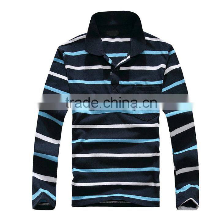 2016 hot sale custom 100% cotton long sleeve mens stripe polo shirts with pocket