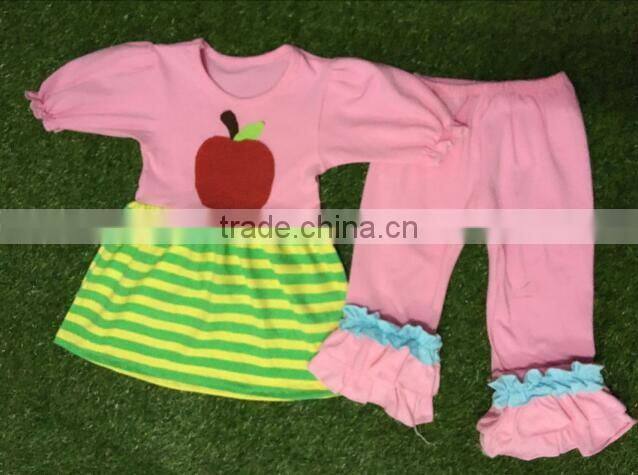 2016 back to school girl boutique clothing set red apple and Green stripes girls cotton frock designs with pink capris outfit