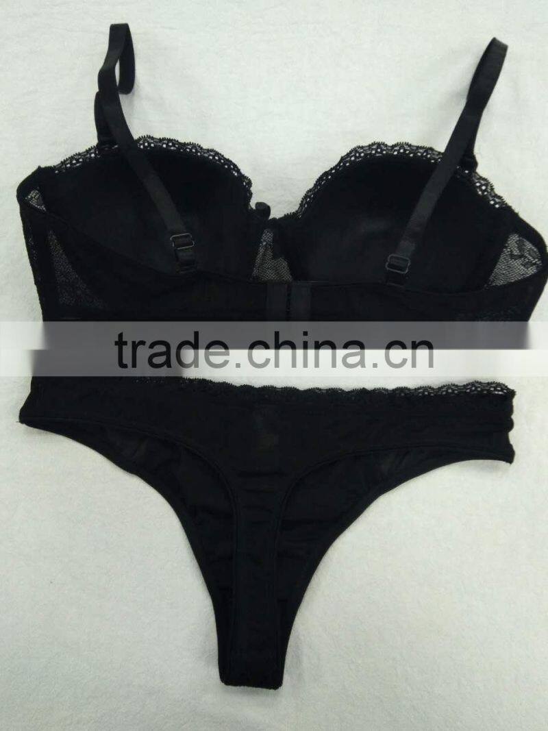 Top selling sexy underwear fancy women black bra thong set