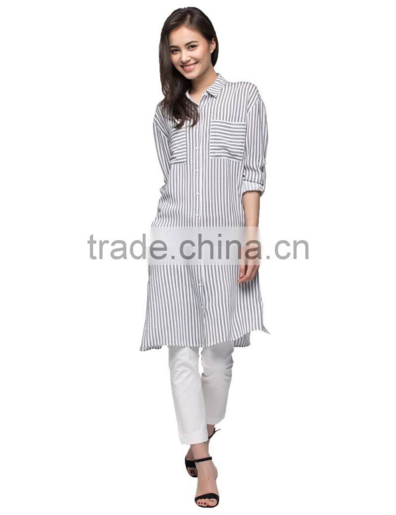 Ladies dressy long sleeve turndown collar stripe longling blouse/shirt