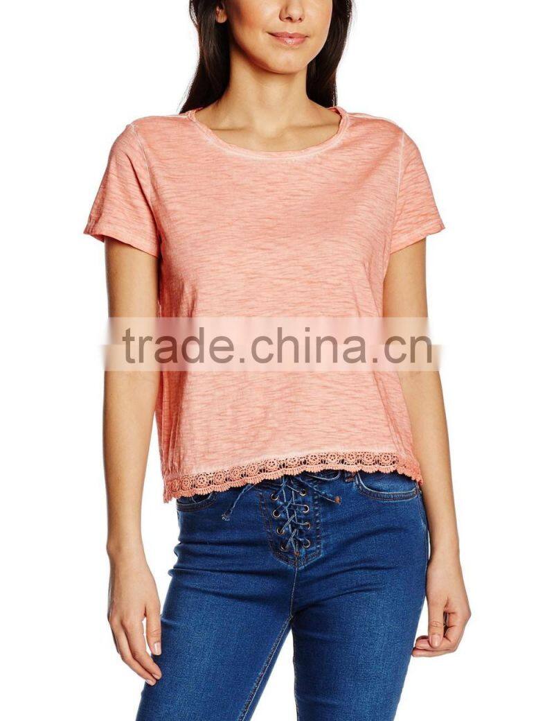 2016 Ladies thin O-neck blank t shirt with lace hem