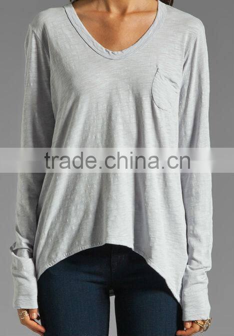 front breast pocket asymmetric hem v-neck collar t-shirt