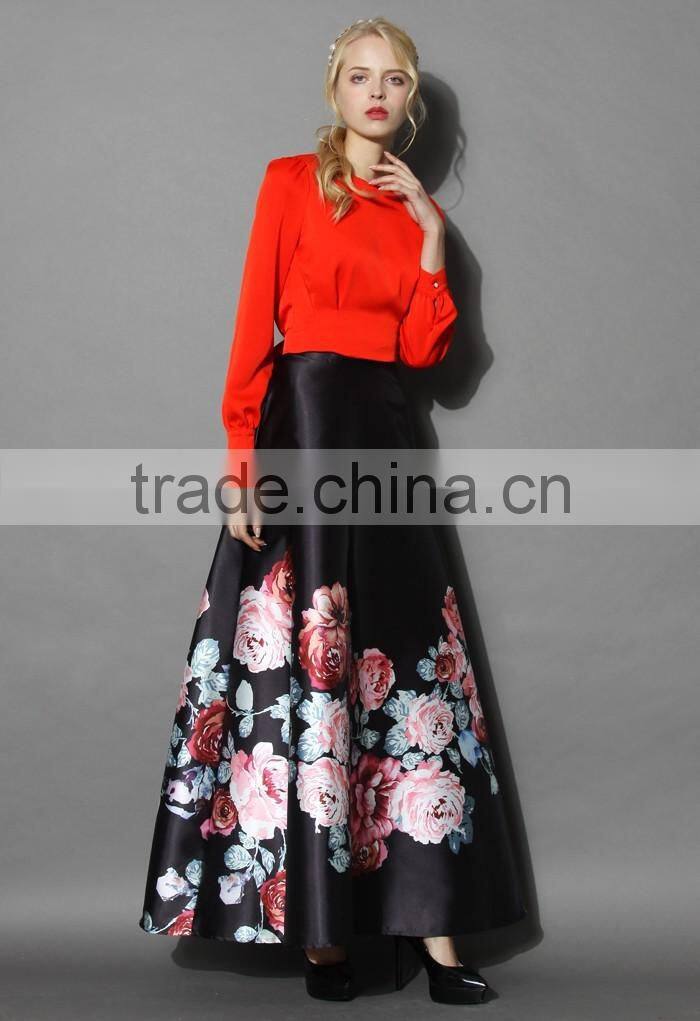 2016 Guangzhou Shandao Latest Design Women Autumn New Western Flower Printed Ruffle Satin Long Maxi Skirt