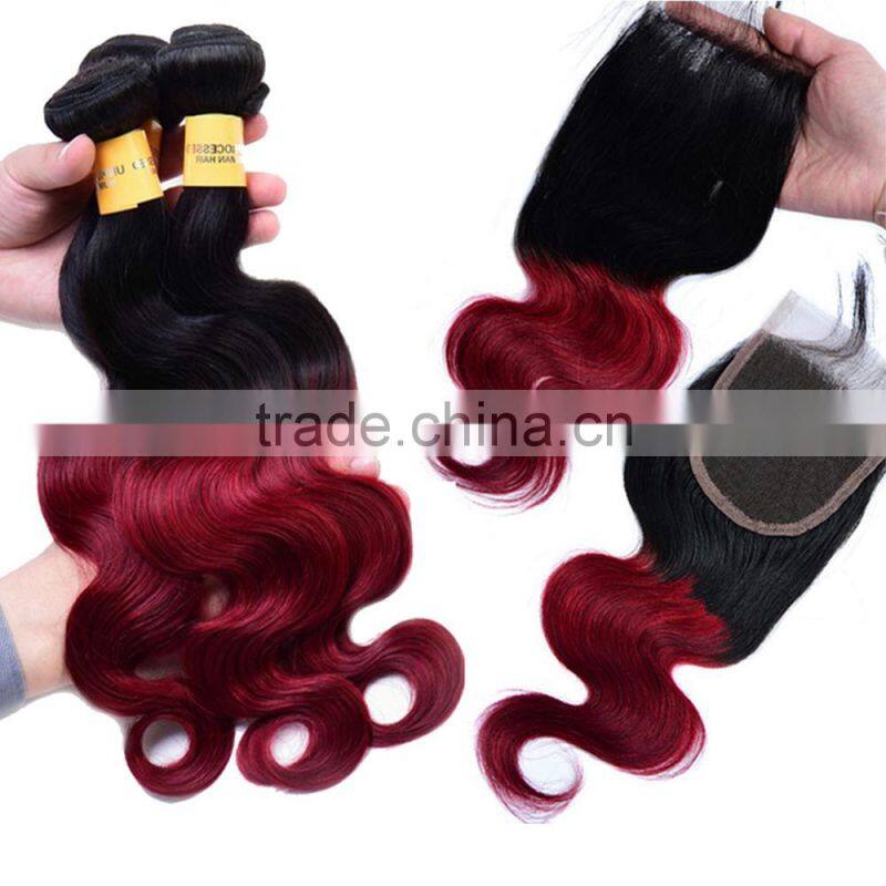 7A Grade Ombre Wave Bundles With 4"X4" Lace Closure Virgin Indian Body Hair