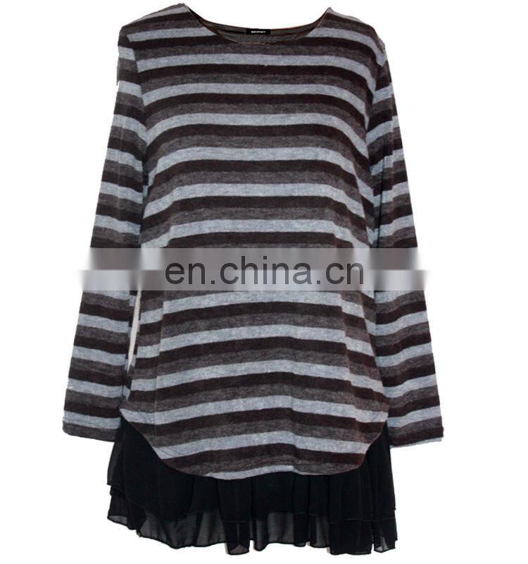 With Chiffon Lining Acrylic Striped Frill Hem Casual Wear Tunic For Fat Women