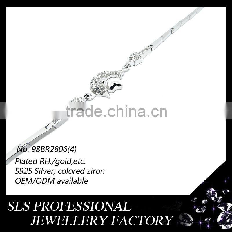 Girls new cheap silver jewelry dolphin designs bracelet with a heart setting AA/AAA zircon micro paved chain style of bracelets