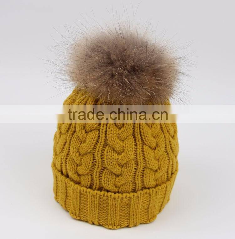Custom Wool Knitted Racoon Fur Pom Pom Beanie Hat