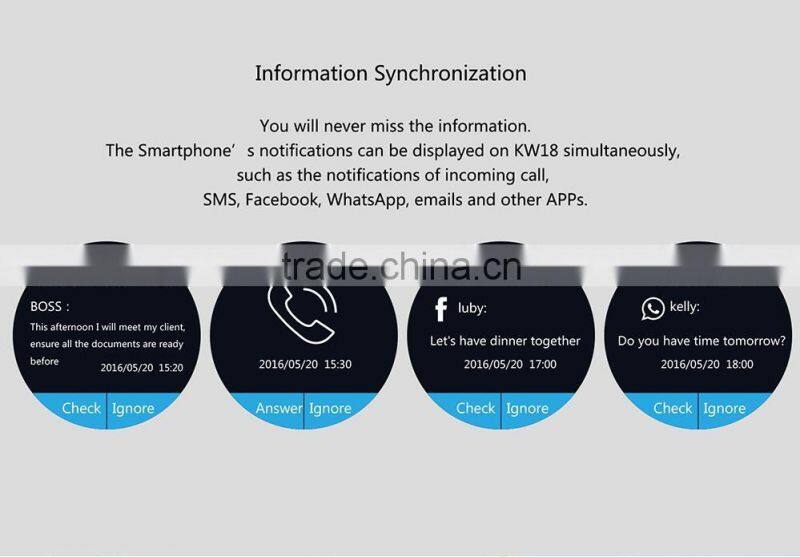 2016 smart watch new design CPU MTK2502C KW18 smart watch