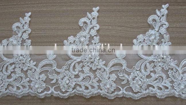 Embroidery ribbon and beaded corded bridal mesh lace