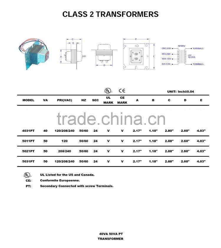 UL CUL CSA CE 120V ac class 2 transformer for garage door opener, UL control transformer