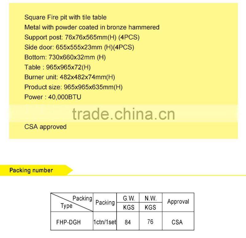 Gas fire pit( tile fire pit) GARDENSUN 40000BTU with CE CSA AGA ISO