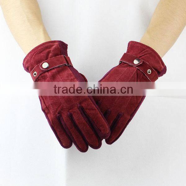 burgundy red women suede leather gloves