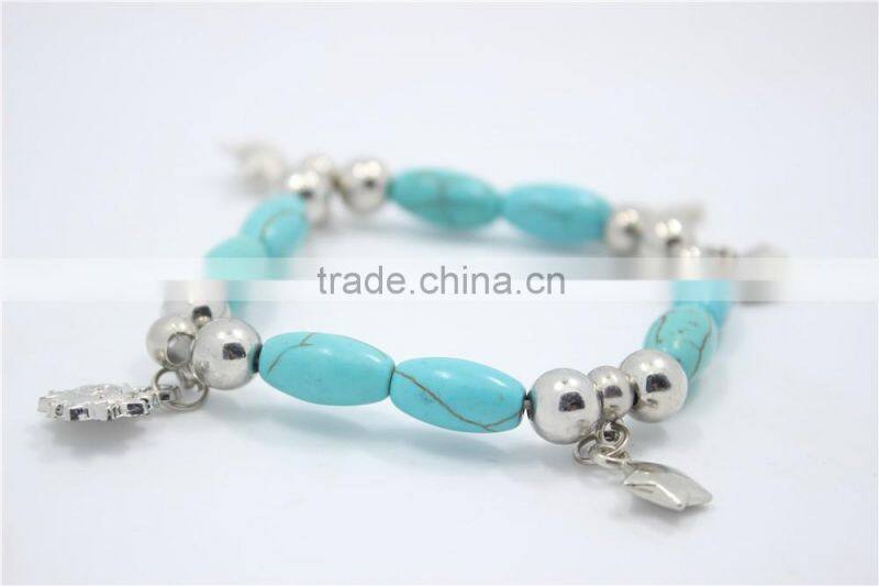 Chuncky Tribal Stretch Bracelet in Turquoise &Silver Shell Key Star Antique Silver Charm Bohemian Gypsy Bracelet