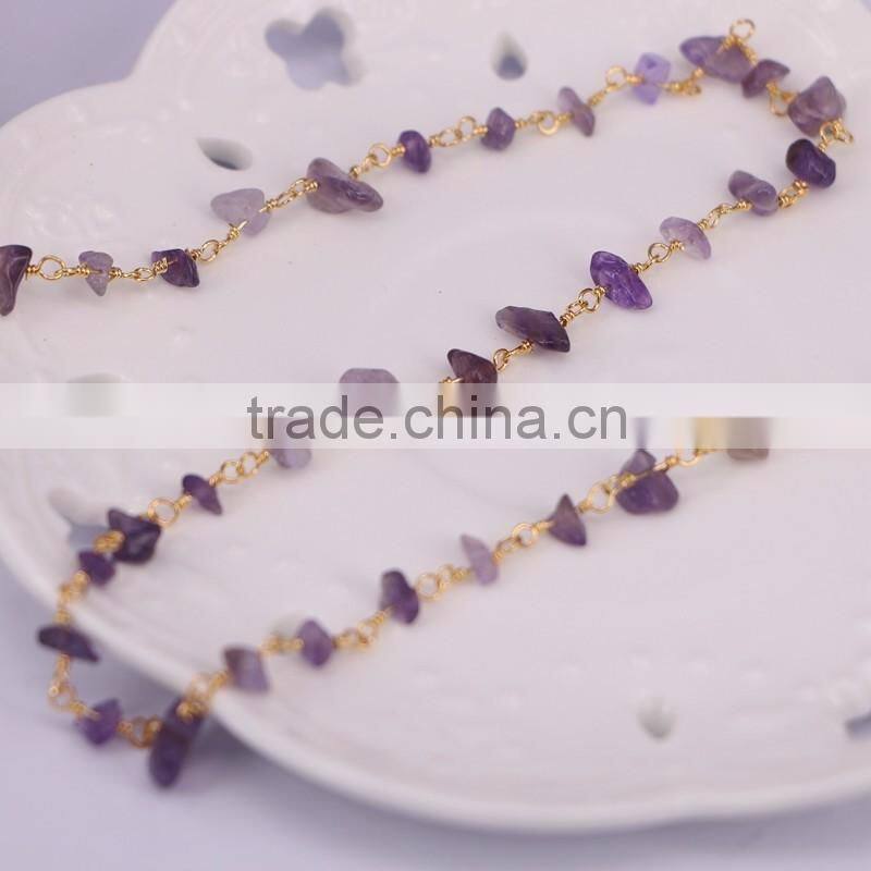 Gold Plated Wire Wrapped Beaded Rosary Chains Amethyst Quartz Stone Beads Jewelry Chain