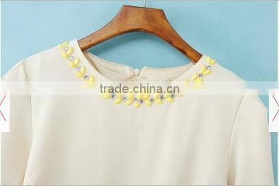 Beige Color Block Rhinestone Three Quarter Length Sleeve Dress