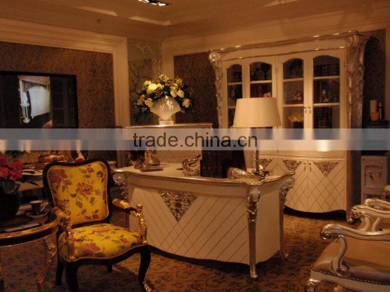 Impressive Louis XVI Style White Color Executive Office Furniture Set, Study Room Executive Table Bookcase and Chair Set