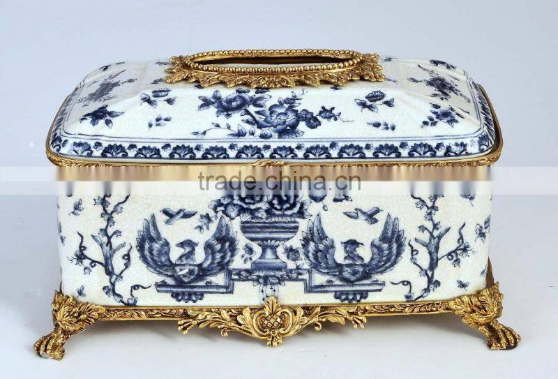 Chinese painting design blue and white color brass decorative ceramic tissue box