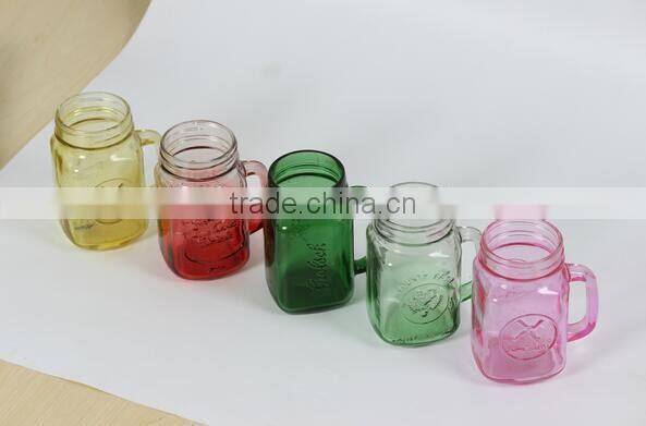 Colorful glass mason jar with emboss logo and lid
