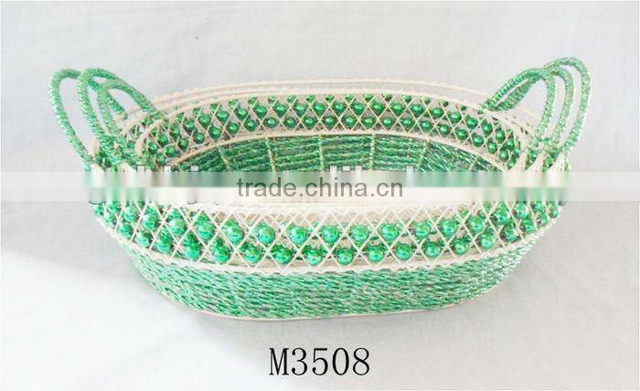 Set of Three Green Paper rope storage basket with bead