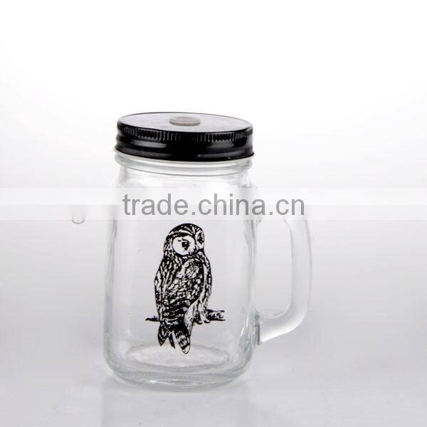 15oz Glass Mason Jar with owl decal