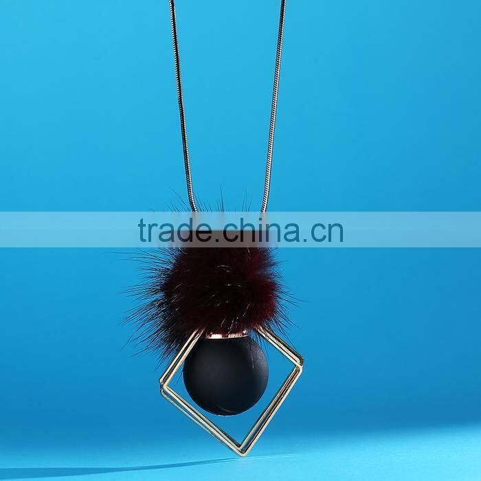 chunky ball metal square pendant necklace winter mink fur ball pendant necklace geometric sweater necklace