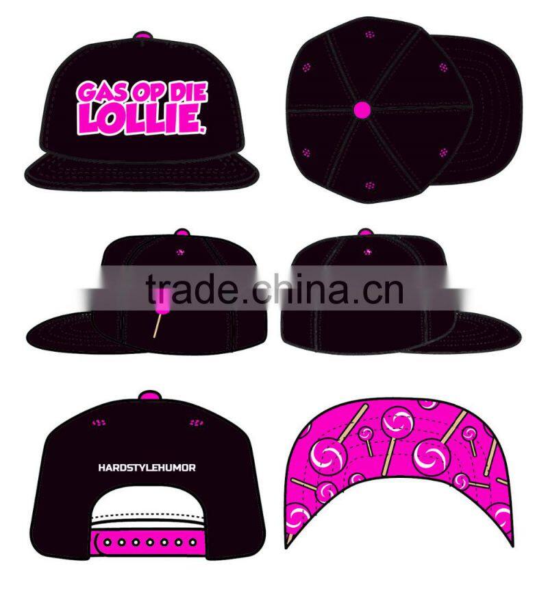 3D embroidered pink snapback caps with candy