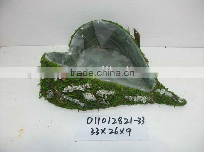 heart-shaped dark brown moss and sisal pot