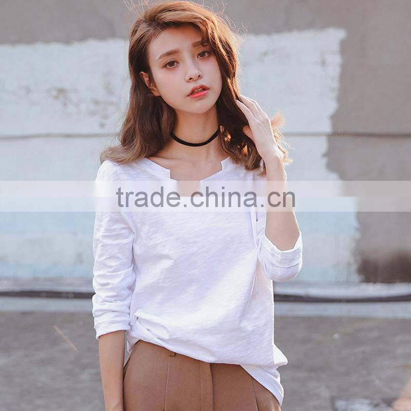 Wholesale plain cotton curved white long sleeve t shirt women