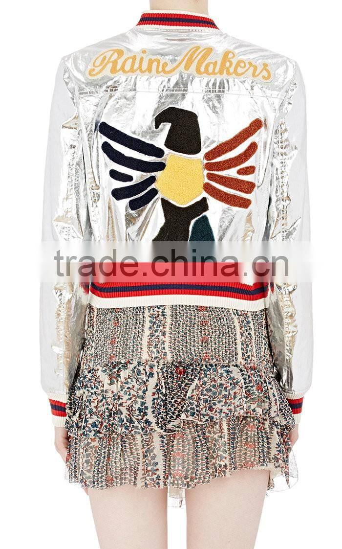 oem long sleeves available in silver dry clean shiny silver women jacket