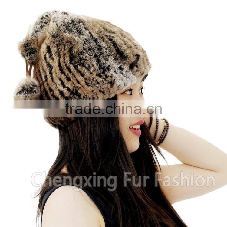 CX-C-240A Winter Hand Knitted Rugby Genuine Rex Rabbit Fur Knit Fur Hat
