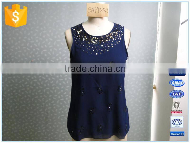 Round Neck Navy Chiffon Summer Loose Tank Top