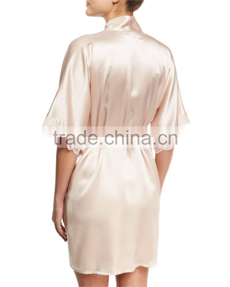 Wholesale & custom short kimono robe, wrap front silk satin robe, lace trim short robe