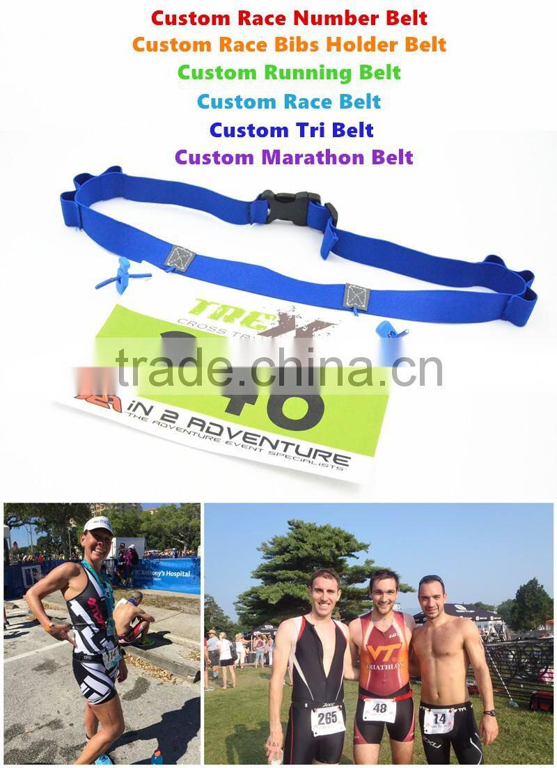 Customized Race Number Belt with Gel Holders - 6 belt colors - IronMan Triathlon Stretch Woven Logo Race Bibs Number Belt
