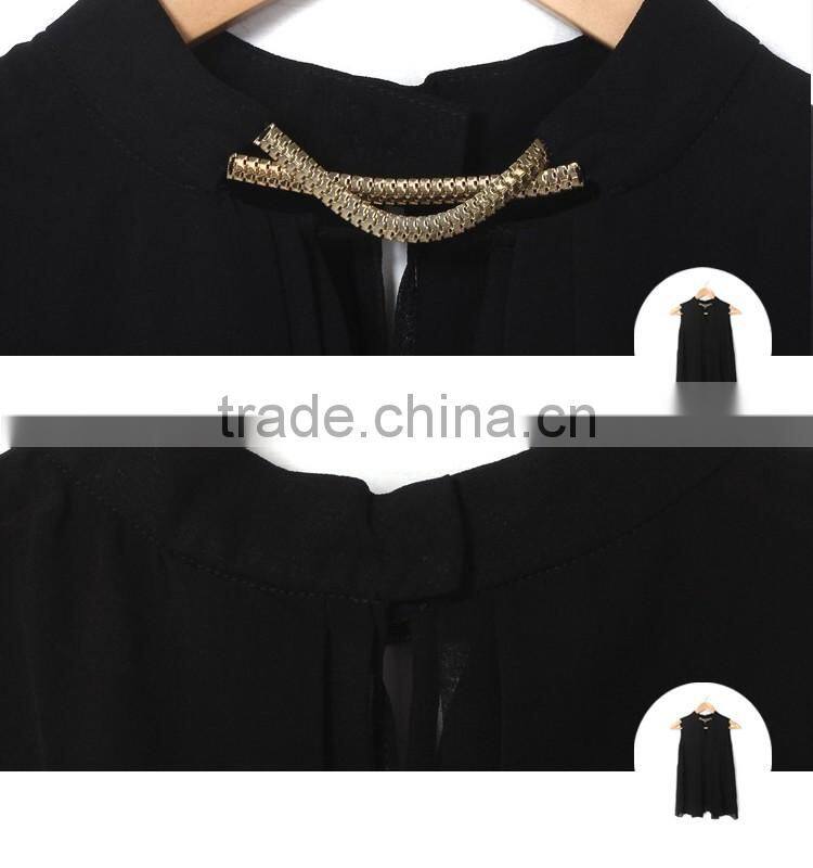 Most fashionable smooth cut women black 100% polyester shirt custom pure color sleeveless shirt in guangzhou