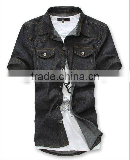 new mens 100%cotton slim washed black denim casual shirts with two chest pockets