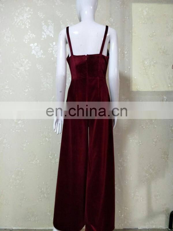 2017 new designer culotte wine red strap pantdress elegant loose maxi velvet divided skirt sexy jumpsuit for women party wear