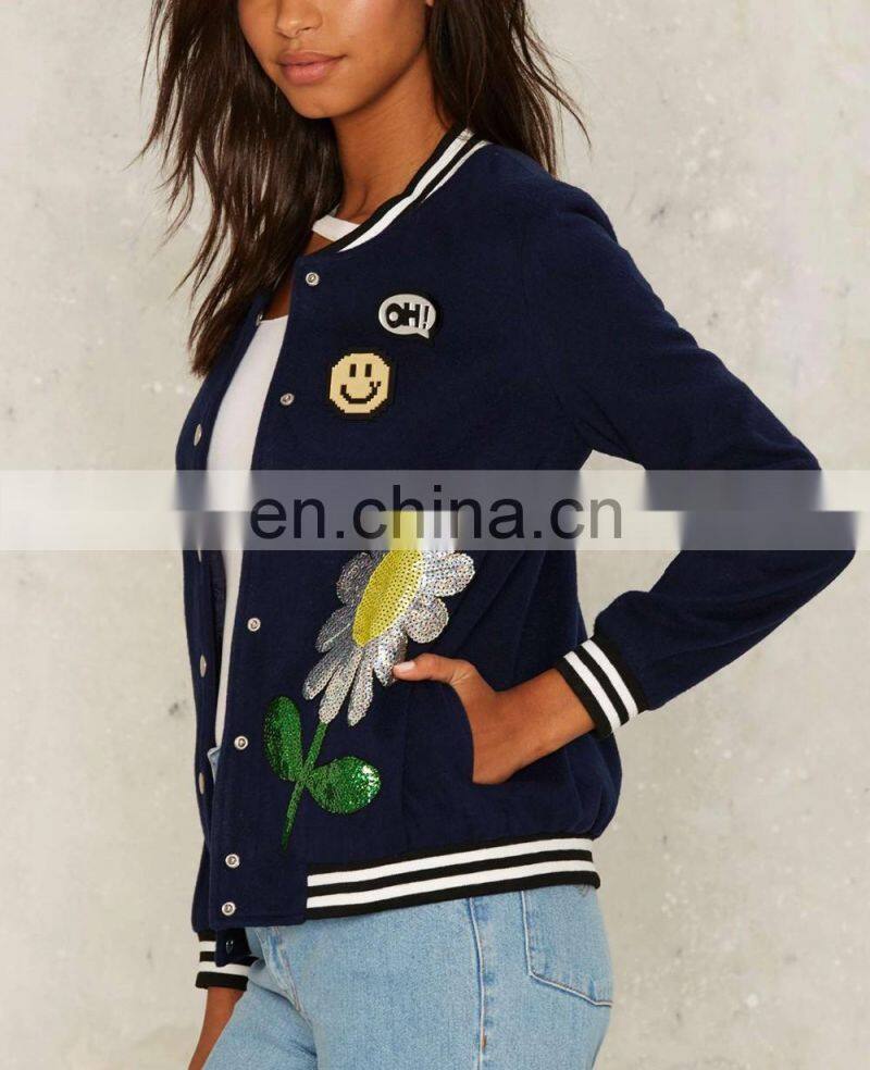 2016 Women Hot Sale Sequin Jacket Women Bomber Autumn Outwear China Wholesale Clothing for Women Polyester Navy Blazer