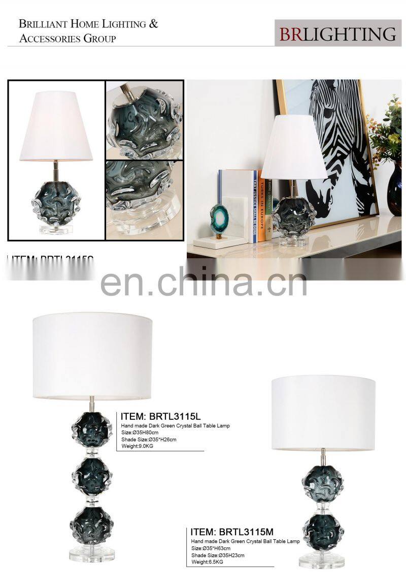Handmade Crystal Table Lamp Green Living Room Lamp with Fabric Shade for Hotel Home Bed Side