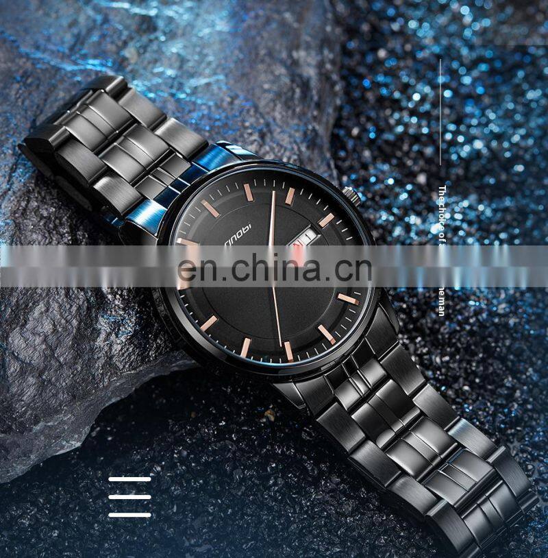 SINOBI Male Classic Black Dial Watches S9834G Dual Calendar Window Man Wrist Watches Business Man Steel Watch
