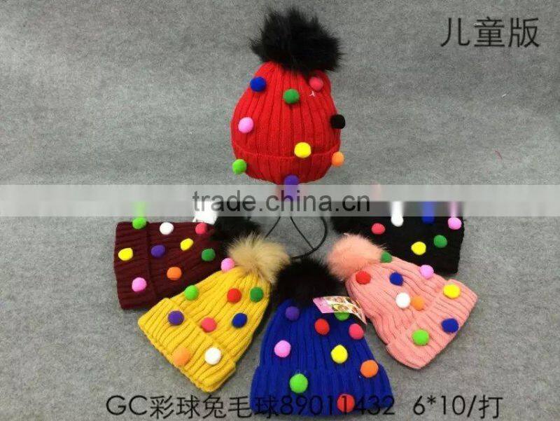 Fashion Colorful Balls Fixed Winter Beanie Real Rabbit Fur Cap Hat Girl